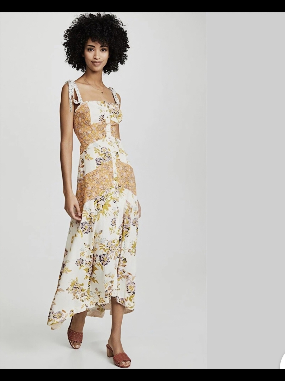 Free People Yellow and White Patchwork Floral High-Low Dress Boho Chic Sz 6
